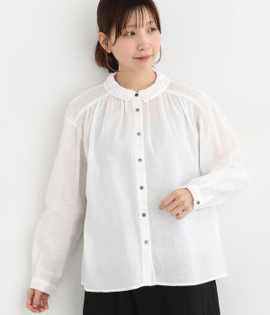 リネンコットンメロウキャンバスワッシャー前開きギャザーブラウス(オフホワイト-ONESIZE)