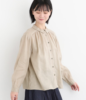 リネンコットンメロウキャンバスワッシャー前開きギャザーブラウス(ライトベージュ-ONESIZE)
