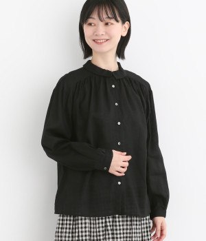 リネンコットンメロウキャンバスワッシャー前開きギャザーブラウス(ブラック-ONESIZE)