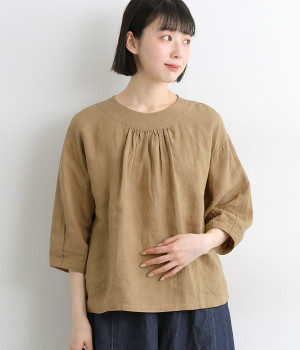 フレンチリネンメロウキャンバスリラクシングワッシャー前ギャザープルオーバー(ベージュ-ONESIZE)