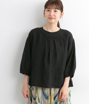 フレンチリネンメロウキャンバスリラクシングワッシャー前ギャザープルオーバー(ブラック-ONESIZE)
