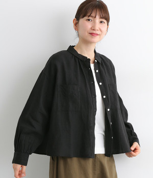 フレンチリネンメロウキャンバスリラクシングワッシャー襟付き後ろヨークブラウス(ブラック-ONESIZE)