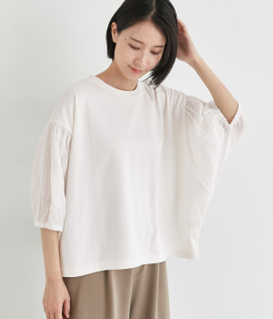 スーパー度詰天竺×コットンシャーリングパナマドビーパフスリーブプルオーバー(オフホワイト×オフホワイト-ONESIZE)