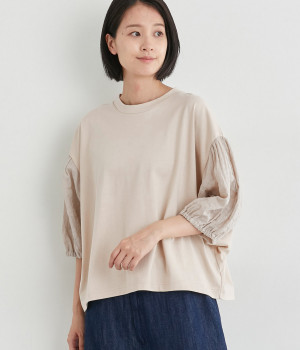 スーパー度詰天竺×コットンシャーリングパナマドビーパフスリーブプルオーバー(ベージュ×ベージュ-ONESIZE)