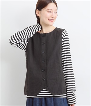 コットンリネンキャンバス後ろベルトベスト(チャコール-ONESIZE)