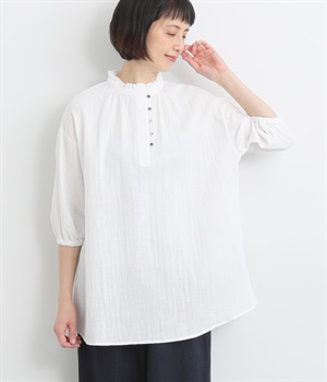 スラブダブルガーゼナチュラルワッシャー襟フリル袖ゴムチュニック(オフホワイト-ONESIZE)