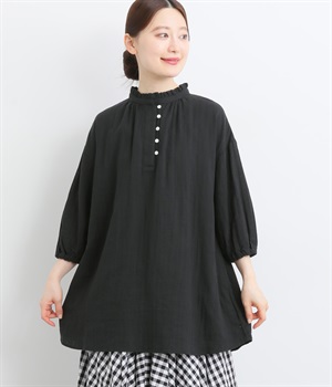 スラブダブルガーゼナチュラルワッシャー襟フリル袖ゴムチュニック(ブラック-ONESIZE)