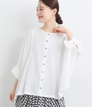コットンクレープロッキーバル袖カフス前開きブラウス(オフホワイト-ONESIZE)