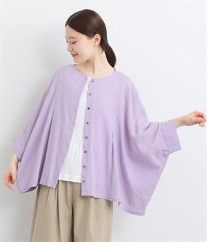 コットンクレープロッキーバル袖カフス前開きブラウス(ラベンダー-ONESIZE)