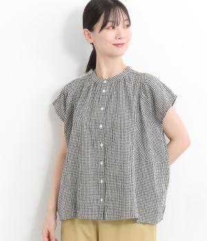 コットンリネンワッシャーポプリン胸ギャザー2wayブラウス(ギンガム-ONESIZE)