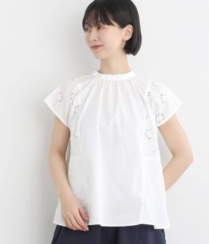 コットンブロード袖刺繍胸ギャザー2wayブラウス(オフホワイト-ONESIZE)