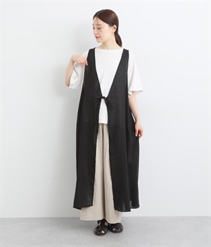 コットンリネンメロウキャンバスワッシャー2wayロングジレ(ブラック-ONESIZE)