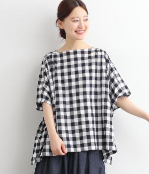 コットンリネンパナマロックチェック肩切替Bigプルオーバー(オフホワイト×ネイビーギンガム-ONESIZE)