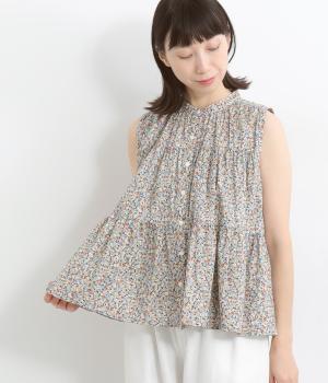 リバティプリントオーガニックコットンローンティアードノースリーブブラウス(オレンジ-ONESIZE)