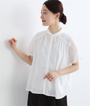 ローン収縮刺繍肩ヨークギャザーブラウス(オフホワイト-ONESIZE)