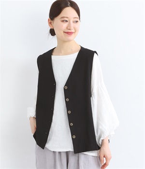 コットンソリッドサッカー後ろ裾タックベスト(ブラック-ONESIZE)