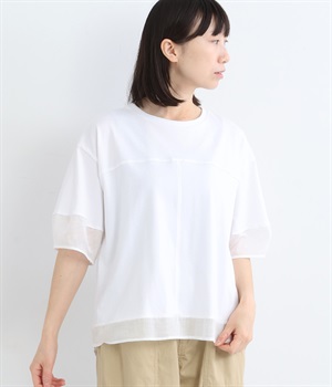 コットンリネンスラブローン×スーパー度詰天竺袖裾異素材プルオーバー(オフホワイト-ONESIZE)