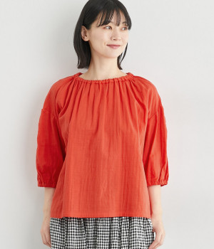 コットン二重ガーゼ襟ゴムギャザープルオーバー(レッド-ONESIZE)