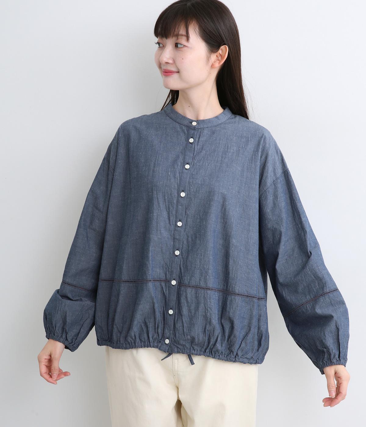 袖・ウエストハシゴレース使い裾紐ブラウス(ブルー-F)