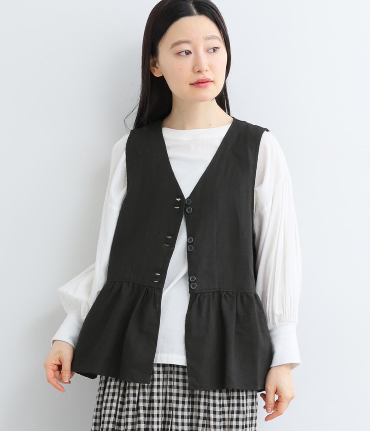 フレンチリネンキャンバスウエスト切替ギャザーベスト(ブラック-F)