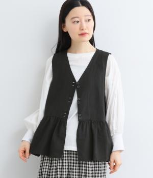 フレンチリネンキャンバスウエスト切替ギャザーベスト(ブラック-F)