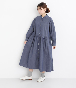 オーガニックコットンリネンシャンブレークラフトワッシャーウエスト切替ギャザーシャツワンピース(ブルー-ONESIZE)