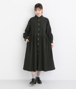 オーガニックコットンリネンシャンブレークラフトワッシャーウエスト切替ギャザーシャツワンピース(チャコール-ONESIZE)