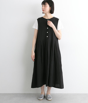 フレンチリネンメロウキャンバスリラクシングワッシャーウエスト切替2wayジャンパースカート(ブラック-ONESIZE)