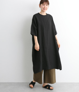 フレンチリネンメロウキャンバスリラクシングワッシャーBigワンピース(ブラック-ONESIZE)