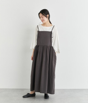 コットンハンドレットクロスタイプライターウエスト切替キャミワンピース(チャコール-ONESIZE)
