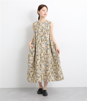 リネンコットンシーチングプリント切替脇ギャザーノースリーブワンピース(カーキ-ONESIZE)