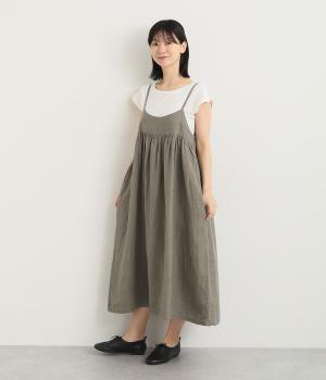 フレンチリネンメロウキャンバスシラクシングワッシャー後ろリボンキャミワンピース(グレージュ-ONESIZE)