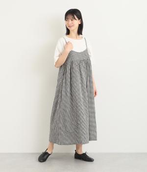コットンリネンワッシャーポプリン後ろリボンキャミワンピース(ギンガム-ONESIZE)