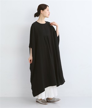 リネン胸切替Bigワンピース(ブラック-ONESIZE)