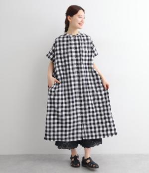 コットンリネンパナマブロックチェック後ろヨーク切替シャツワンピース(オフホワイト×ネイビーギンガム-ONESIZE)