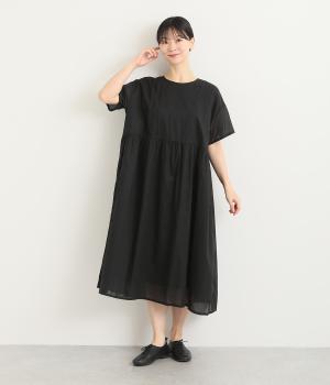 コットン天日干し風ビンテージワッシャーローン胸タック切替ワンピース(ブラック-ONESIZE)