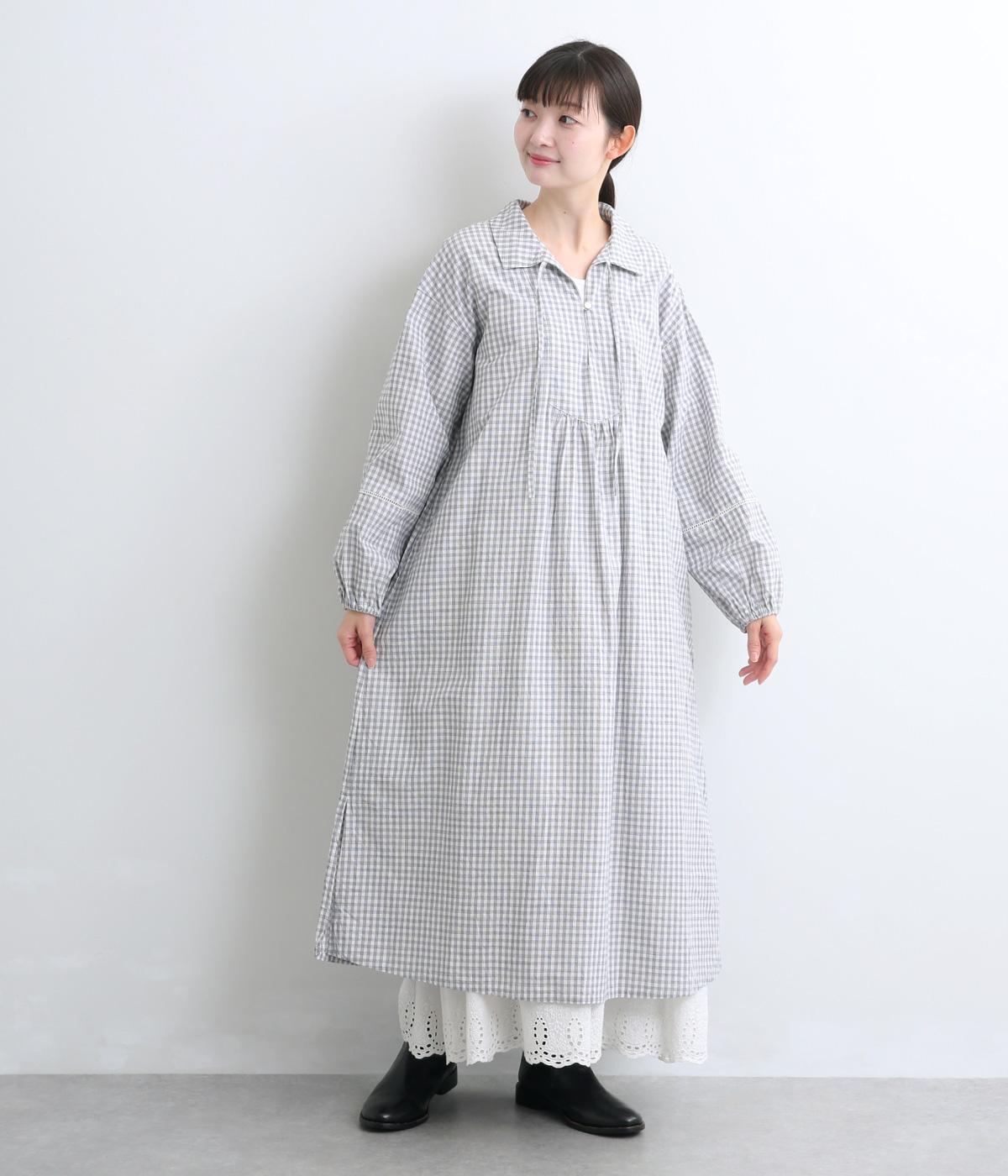 袖・後ろヨークハシゴレース使いチェックワンピース(オフ×ネイビーチェック-F)