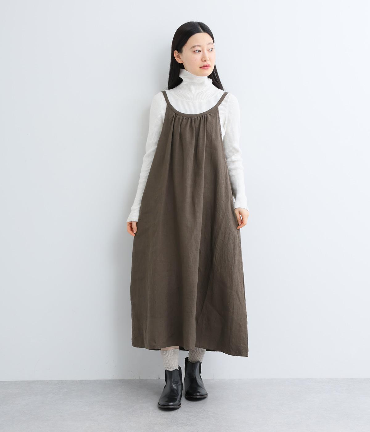 フレンチリネンメロウキャンバス後ろ紐キャミワンピース(チャコール-F)