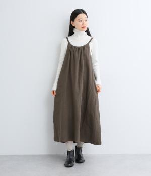 フレンチリネンメロウキャンバス後ろ紐キャミワンピース(チャコール-F)