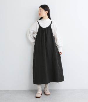 フレンチリネンメロウキャンバス後ろ紐キャミワンピース(ブラック-F)