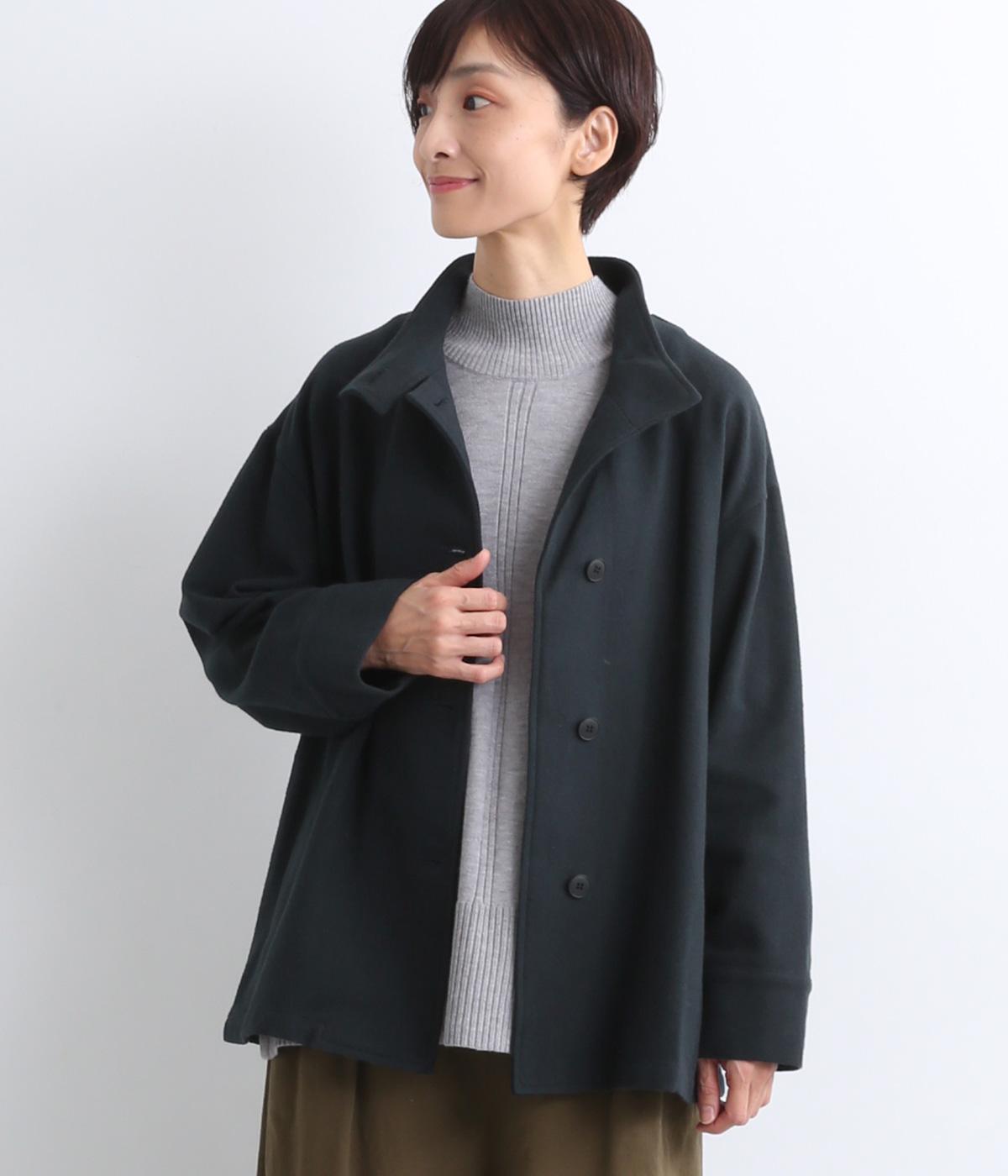 TWEDDYコットンウールライクスタンド襟タブ付きハーフコート(ブラック-F)
