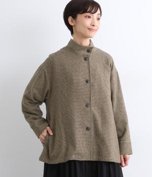 TWEDDYコットンウールライクスタンド襟タブ付きハーフコート(ブラウン千鳥-F)