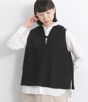 コットンハンモウウールサッカーセーラーカラーベスト(ブラック-F)