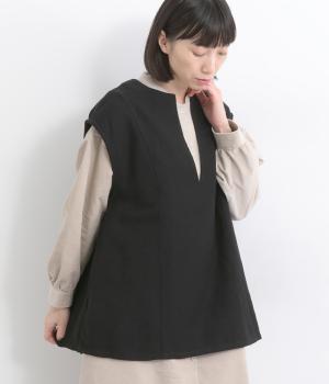 コットンウールツイルワッシャーV開きハーフベスト(ブラック-F)