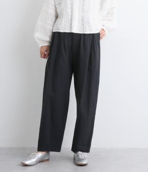 コットンリネンキャンバス前タック後ゴムパンツ(ブラック-ONESIZE)