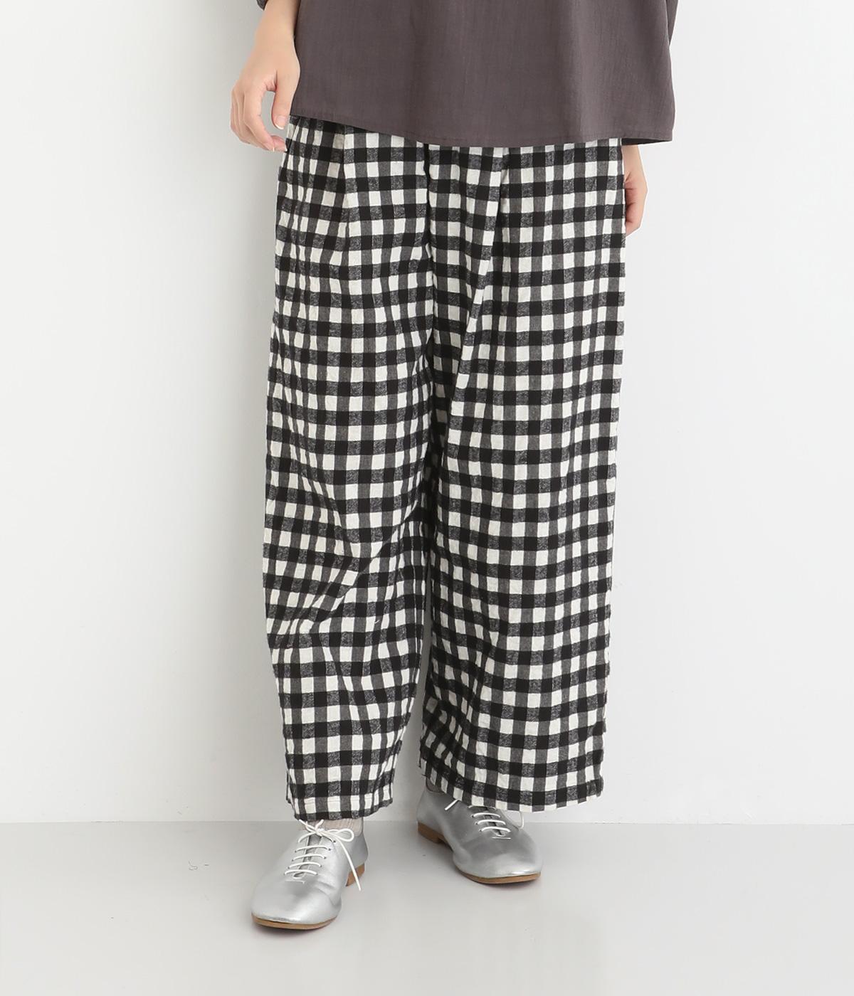 コットンドビーブラッシュライトクロスチェックワッシャー前リボンパンツ(ブラックギンガム-F)