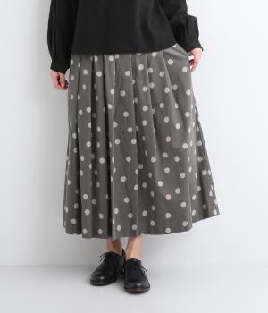 コットンシャツコール手書きミディアムドットプリントタックスカート(グレージュ×ベージュ-F)