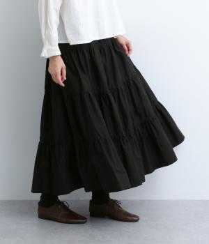 コットン天日干し風ヴィンテージワッシャーティアードスカート(ブラック-F)