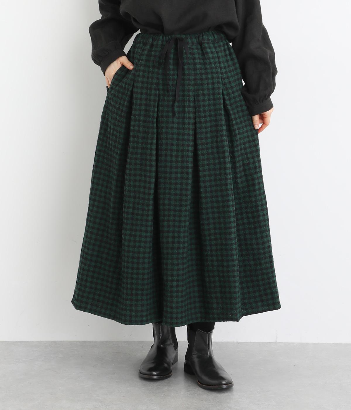 コットンウールディンプルリファインギンガム前紐付きタックスカート(グリーン-F)