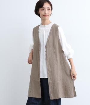 フレンチリネンブラッシュキャンバスワッシャーくるみ釦ロングジレ